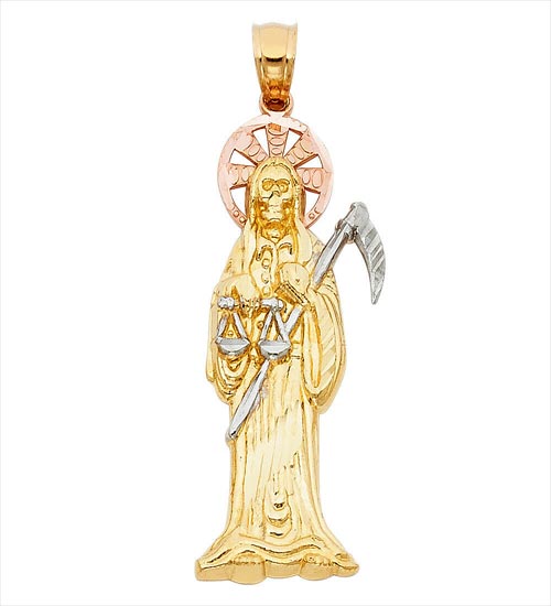 Free Chain Real 14K Yellow Rose Gold Santa Muerte Grim Reaper Charm ...