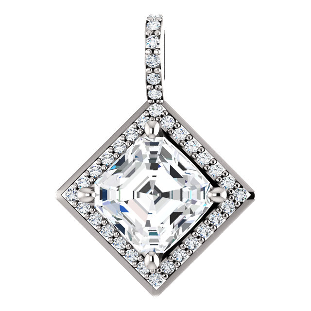 14kt White Gold 7x7mm Asscher Halo-Styled Drop Diamond Pendant by RG&D