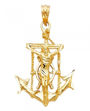 14K Yellow Real Gold Rope Anchor Jesus Full Body Cross Dia. Cut Pendant ...